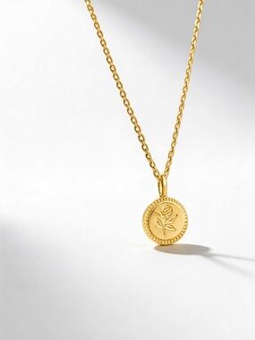 Mini Dainty Elegant Rose Floral Round Pendant Necklace